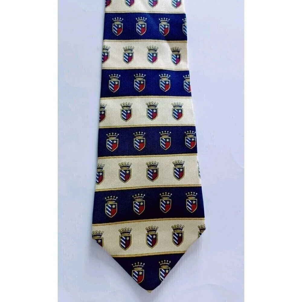 Tommy Hilfiger Neck Tie Crest 100% Italian Silk Yellow Red Navy Blue Tie Vtg 90s